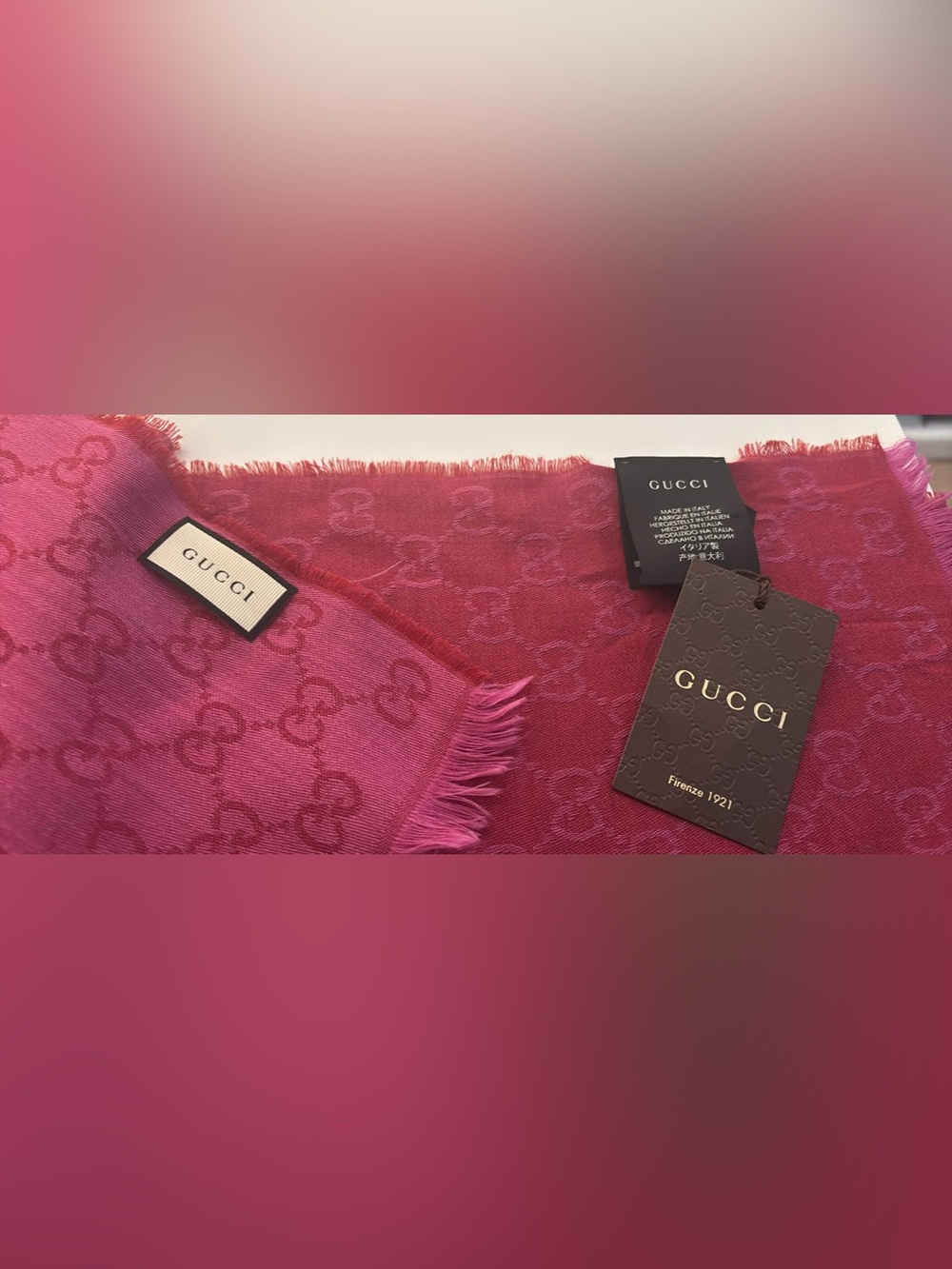 Gucci Pink GG Jacquard Fringed Scarf